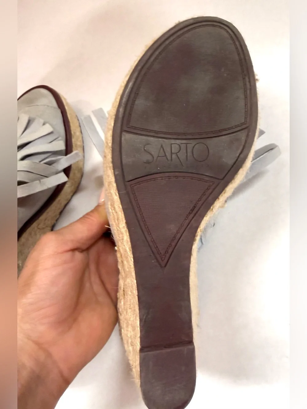 Franco Sarto Light Gray Suede Fringe Espadrille Wedge Mules size 8